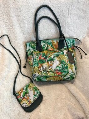 SHARIF PAINTED LEATHER JUNGLE TIGER SHOULDER TOTE BAG WITH MATCHING CROSSBODY